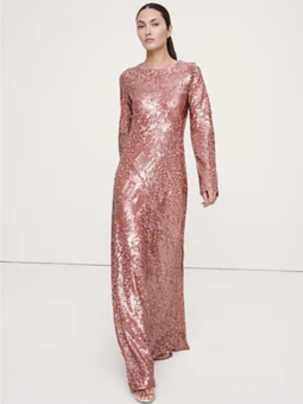 Banana Republic Bias Cut Sequin Long-Sleeve Maxi Dress in Rose Gold